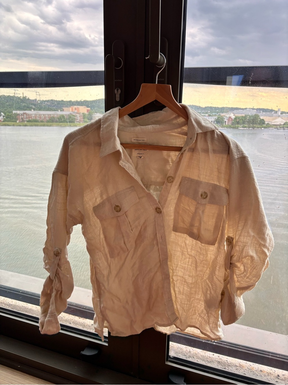Light Beige Women’s Button-Up Shirt - Casual Linen-Blend